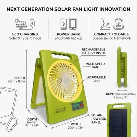 2-in-1 Solar Fan & LED Light - 2400mAh Power Bank, Type-C Solar Charging Foldable Portable Lantern - Multi-Functional Desk Cooling Fan and Camp Lamp Unit for Outdoor Camping Tent Power Outages