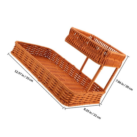 Two-Tier Woven Snack Basket Organizer – Decorative Storage Tray for Kitchen Countertop, Coffee Table, Bathroom Vanity, and Dining Room – Holds Fruit, Bread, Cosmetics, Jewelry, and Tea Sets – Rustic Brown Rattan-Look Home Decor Basket (Brown)