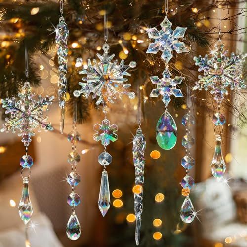 18-Piece Crystal Ornaments Set for Christmas Tree, Windows & Home Winter Decorations (Iridescent Clear)