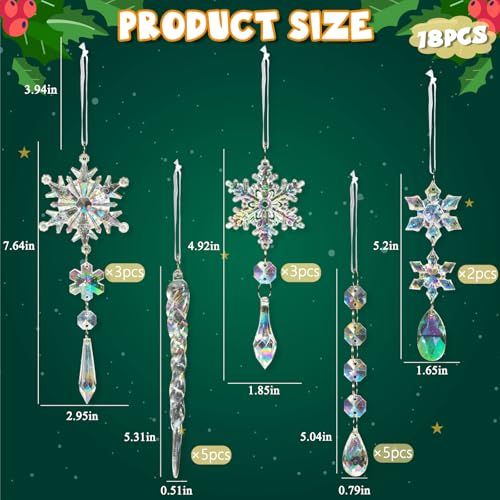 18-Piece Crystal Ornaments Set for Christmas Tree, Windows & Home Winter Decorations (Iridescent Clear)