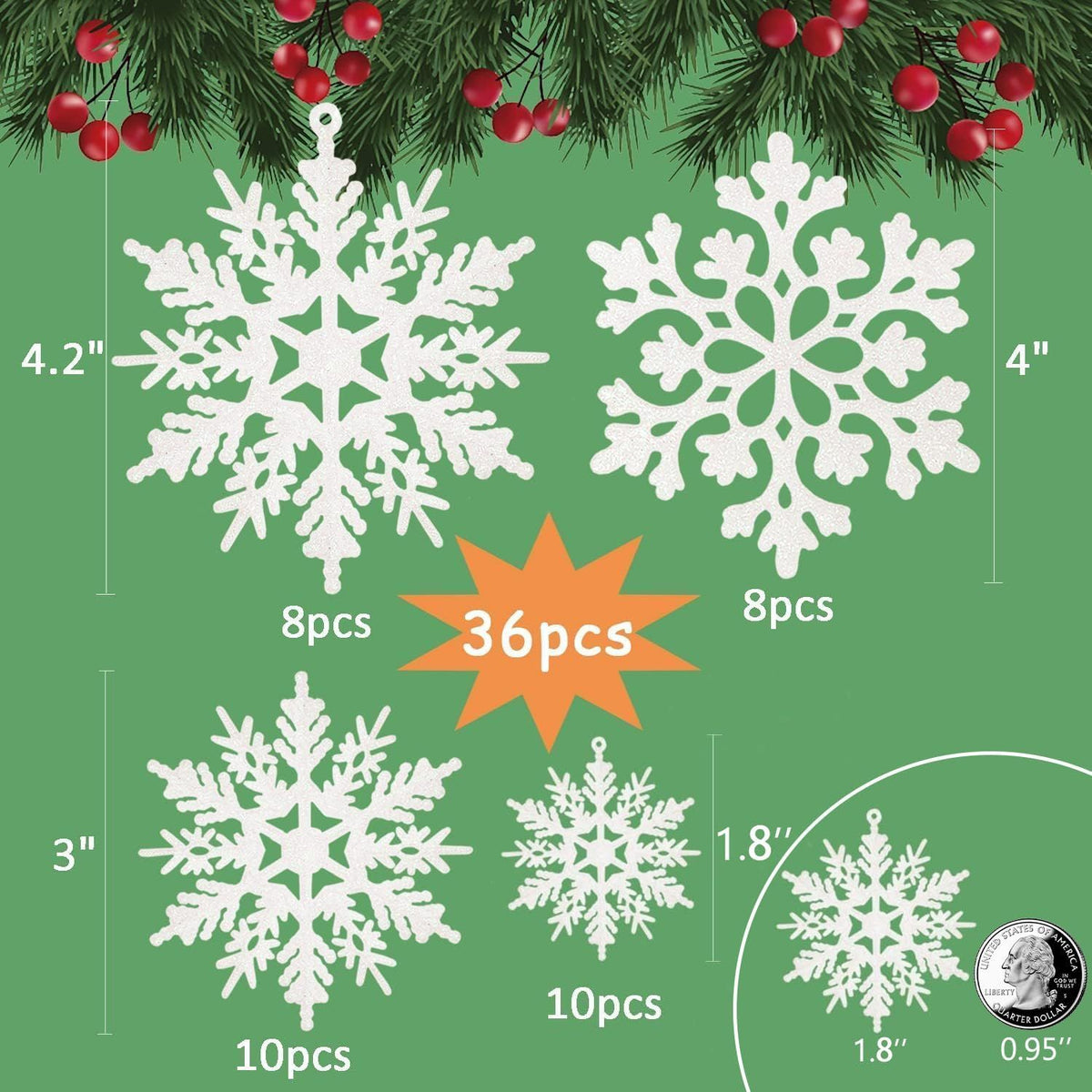Sparkling Snowflake Ornaments for Christmas Tree, Home & Festive Holiday Party Decorations (Silver)