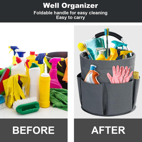 Grey Foldable Cleaning Caddy with 6 Outer Pockets: 17L Collapsible Storage Basket for Household, Bathroom, Picnic & Beach – Durable Oxford Cloth Organizer  | Other colors available in store