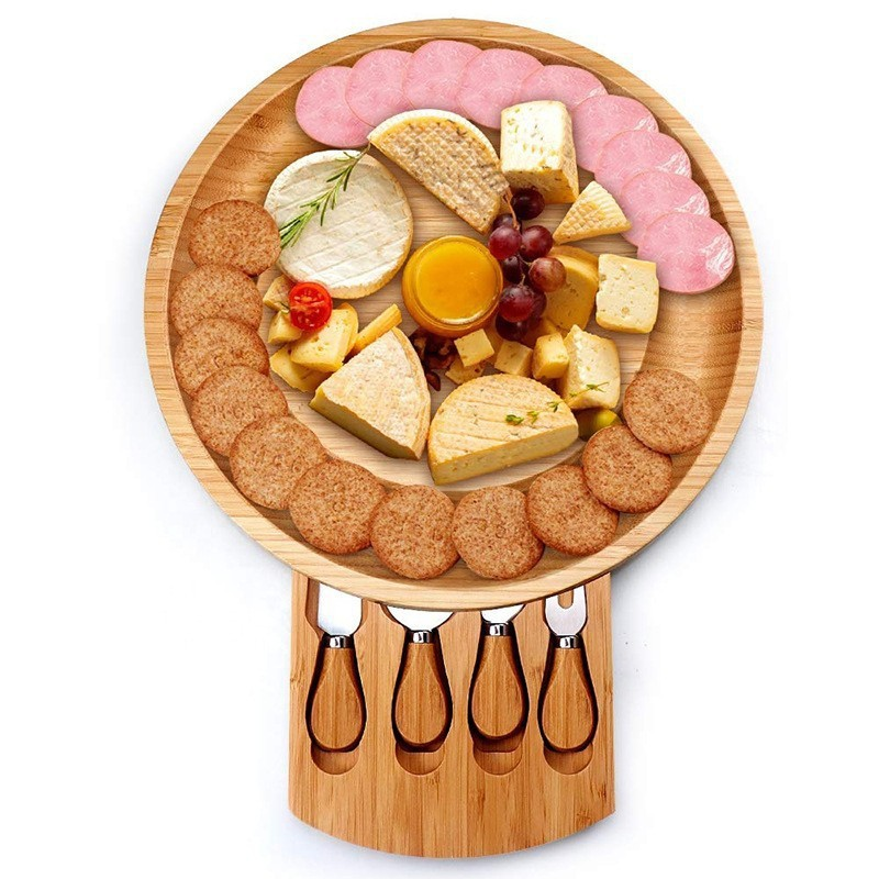 Bamboo Cheese Board Set with Knives & Slate, 10-Inch Round Charcuterie Platter & Tray, Wooden Cheese Board, Gift Idea(Wood)