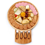 Bamboo Cheese Board Set with Knives & Slate, 10-Inch Round Charcuterie Platter & Tray, Wooden Cheese Board, Gift Idea(Wood)