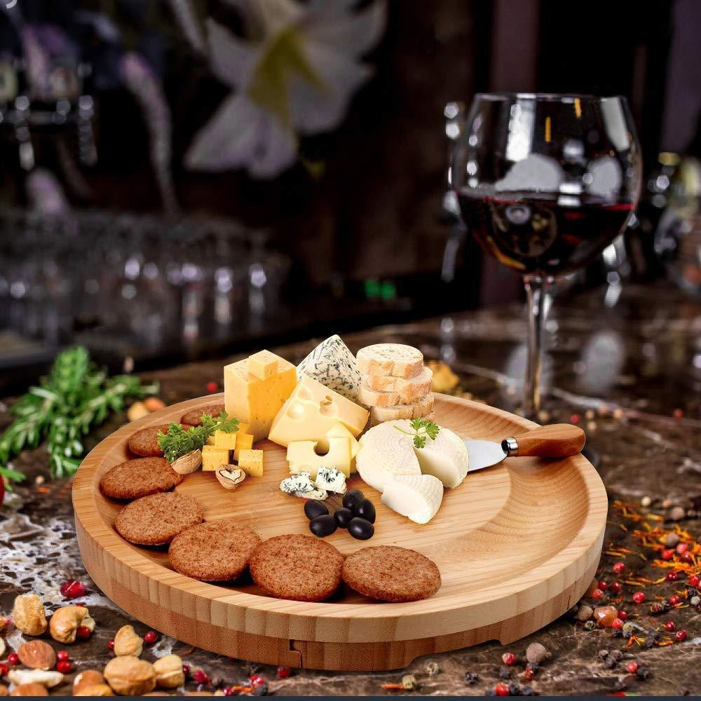 Bamboo Cheese Board Set with Knives & Slate, 10-Inch Round Charcuterie Platter & Tray, Wooden Cheese Board, Gift Idea(Wood)