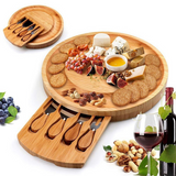 Bamboo Cheese Board Set with Knives & Slate, 10-Inch Round Charcuterie Platter & Tray, Wooden Cheese Board, Gift Idea(Wood)