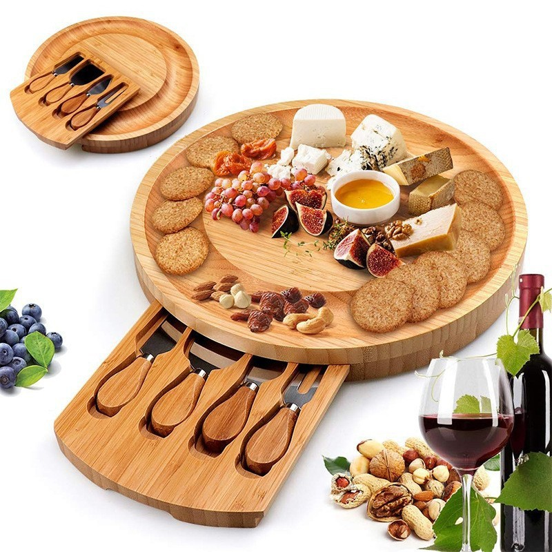Bamboo Cheese Board Set with Knives & Slate, 10-Inch Round Charcuterie Platter & Tray, Wooden Cheese Board, Gift Idea(Wood)