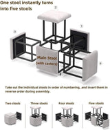 Stool, 5 in 1 Nesting Ottoman Stool with Swivel Casters Stackable Cube Square Sofa Vanity Movable Footstool for Living Room Bedroom(Five Colour)