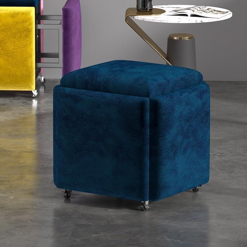 Stool, 5 in 1 Nesting Ottoman Stool with Swivel Casters Stackable Cube Square Sofa Vanity Movable Footstool for Living Room Bedroom(Blue)