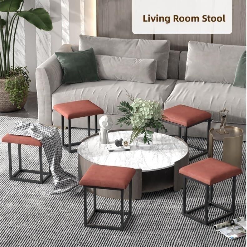 Stool, 5 in 1 Nesting Ottoman Stool with Swivel Casters Stackable Cube Square Sofa Vanity Movable Footstool for Living Room Bedroom(Dark Blue)