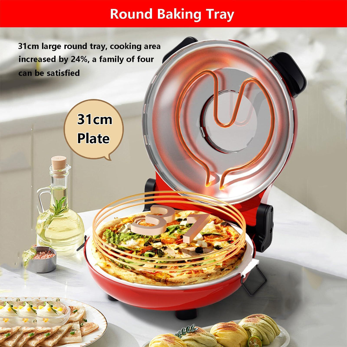 Automatic Non-Stick Pizza Maker With 12"/31cm Plate | Indoor Pizza Baking Ovens 0-15 Minutes Time Control | Commercial Pizza Grill Oven Professional Pizza Ovens With Non-slip Bottom(red)