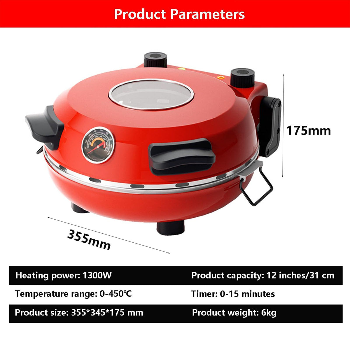 Automatic Non-Stick Pizza Maker With 12"/31cm Plate | Indoor Pizza Baking Ovens 0-15 Minutes Time Control | Commercial Pizza Grill Oven Professional Pizza Ovens With Non-slip Bottom(red)