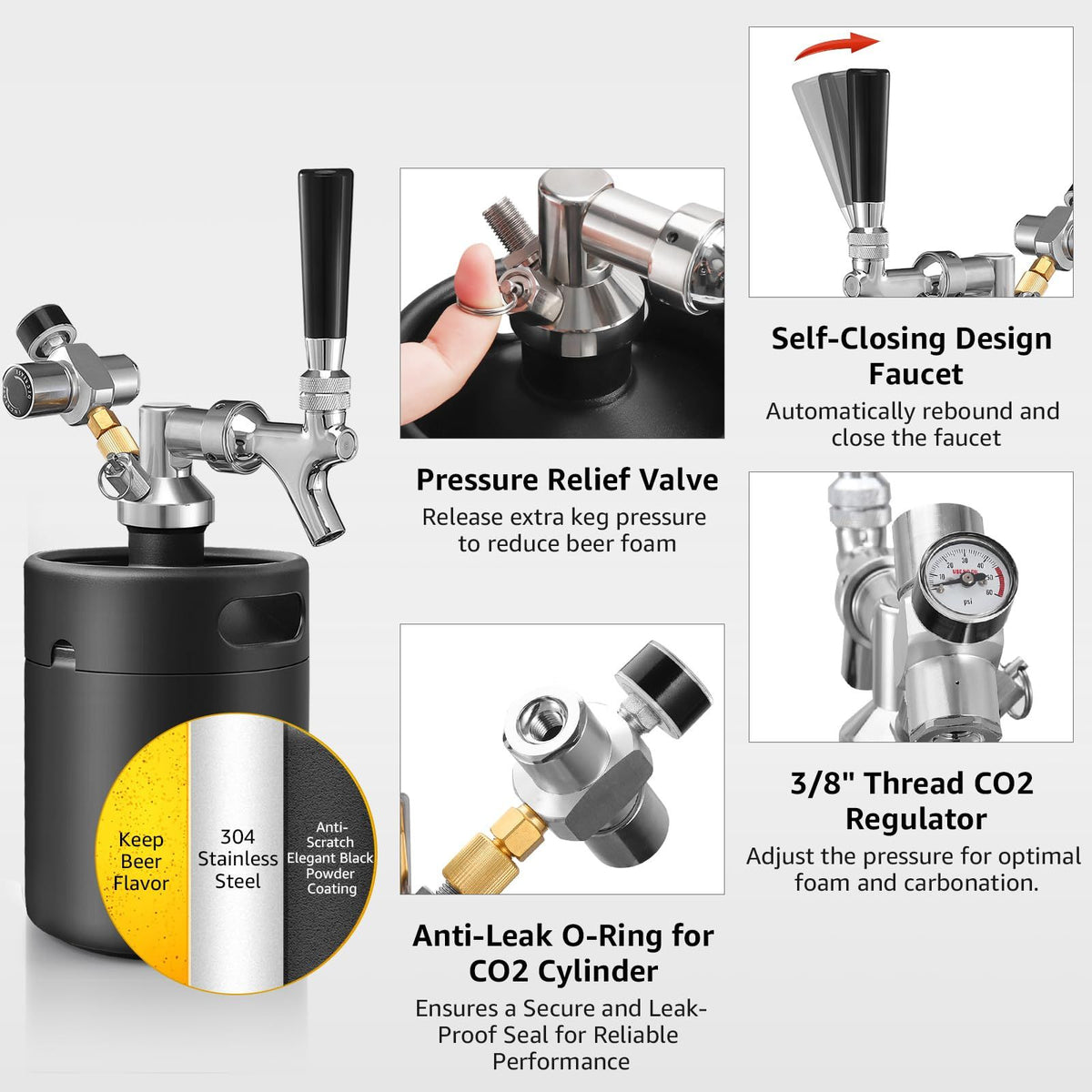 Mini Keg Growler Tap System, 64OZ Pressurized Stainless Steel Beer Keg
Durable Beer Dispenser System, with CO2 Regulator &Self-Closing Faucet, Portable, Keep Fresh, for Homebrew Draft Beer(Black)