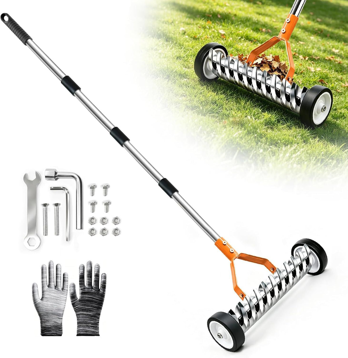 15-Inch Thatch Rake with Rollers, Heavy-Duty Steel Dethatcher Rake for Lawn
0-15° Adjustable Angle | 38-68 Inch Handle,Dethatching Rake for Dead Grass Removal And Lawn Care,Loosening Soil(Orange)