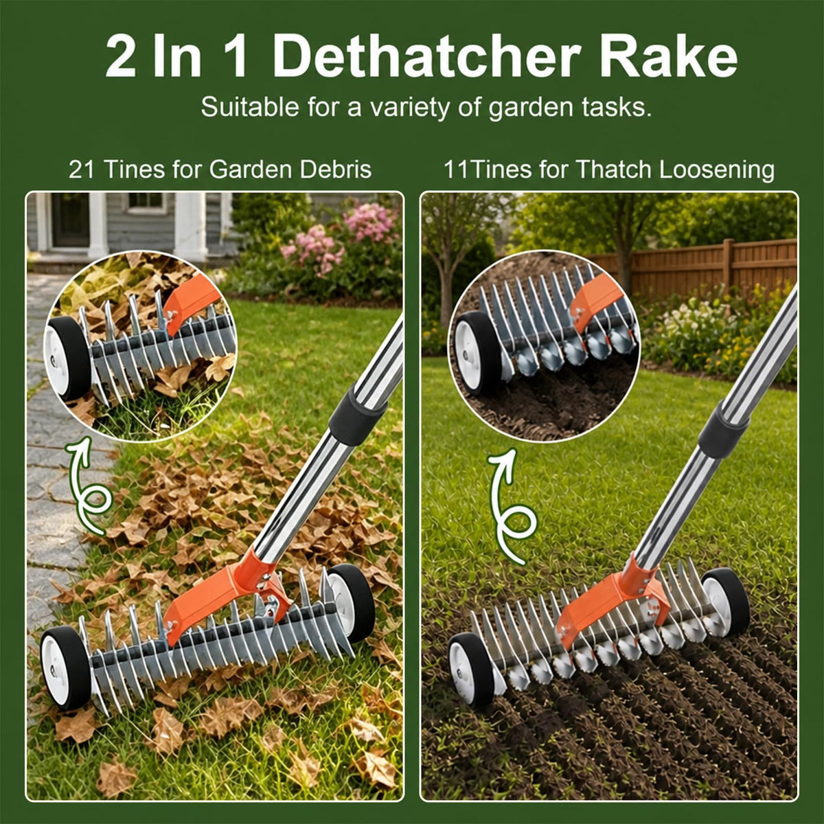 15-Inch Thatch Rake with Rollers, Heavy-Duty Steel Dethatcher Rake for Lawn
0-15° Adjustable Angle | 38-68 Inch Handle,Dethatching Rake for Dead Grass Removal And Lawn Care,Loosening Soil(Orange)