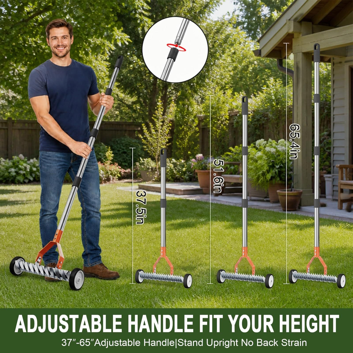 15-Inch Thatch Rake with Rollers, Heavy-Duty Steel Dethatcher Rake for Lawn
0-15° Adjustable Angle | 38-68 Inch Handle,Dethatching Rake for Dead Grass Removal And Lawn Care,Loosening Soil(Orange)