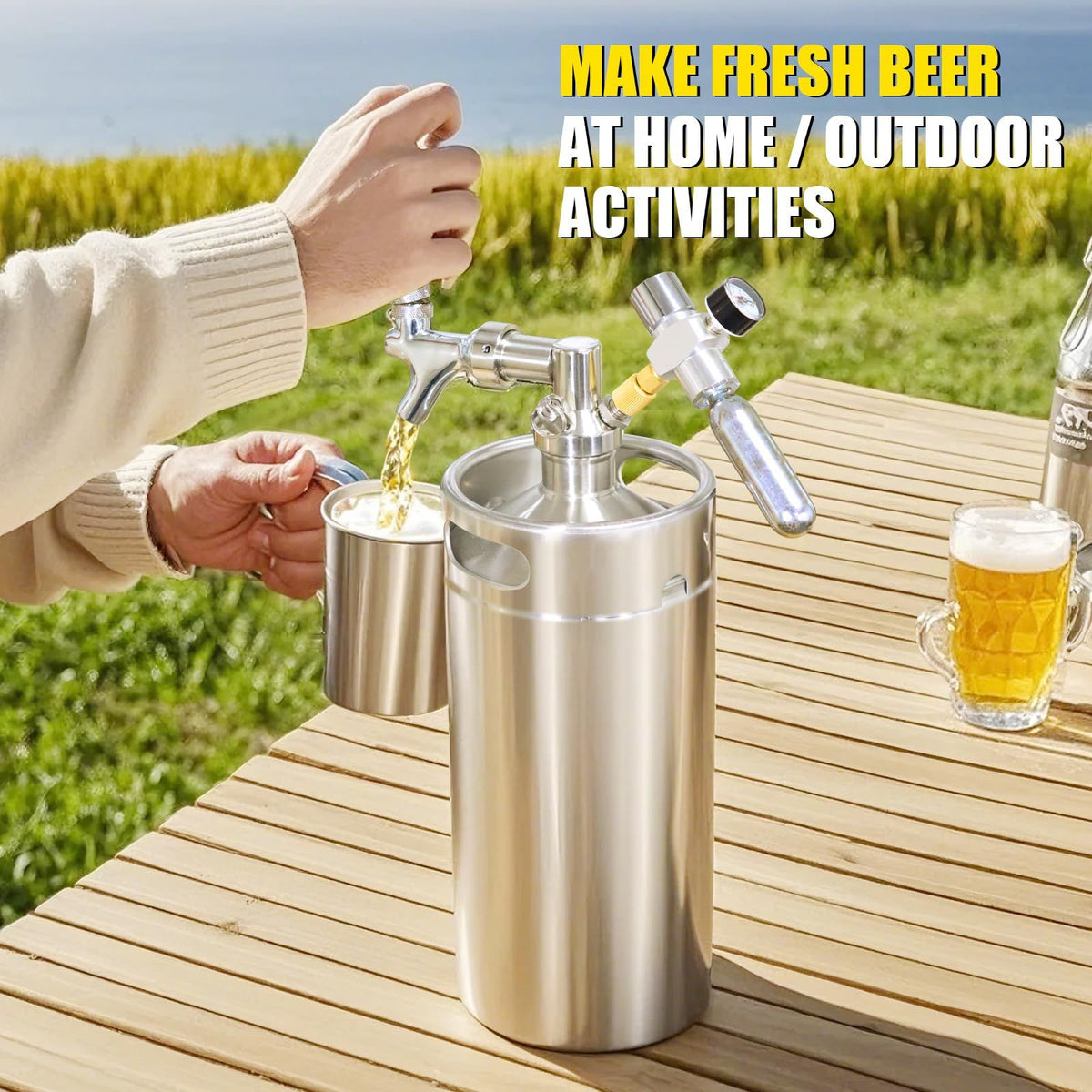 128oz Mini Keg Growler, Stainless Steel Portable Beer Keg Tap System
55PSI CO2 Pressure Growler Carbonation, Draft Beer Dispenser to Keep Fresh, Beer Tap System for Homebrew, Camping(Black)