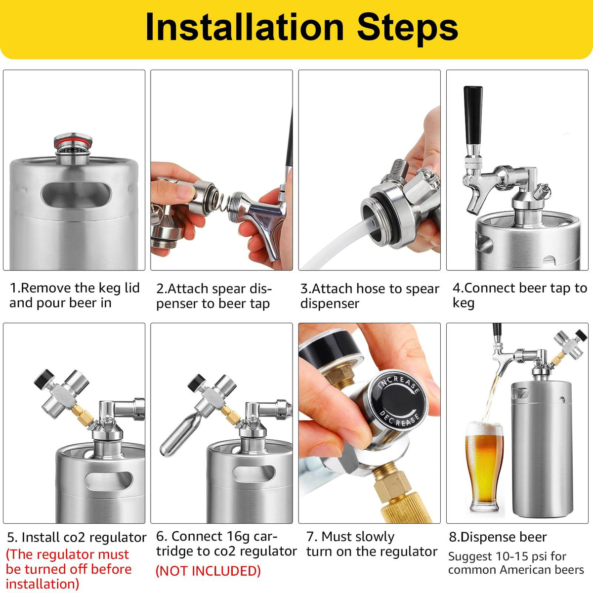 128oz Mini Keg Growler, Stainless Steel Portable Beer Keg Tap System
55PSI CO2 Pressure Growler Carbonation, Draft Beer Dispenser to Keep Fresh, Beer Tap System for Homebrew, Camping(Black)