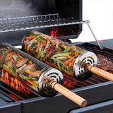 Rolling Grill Basket Set with Removable Wooden Handle – 304 Stainless Steel BBQ Rotating Cage for Meat, Vegetables & Seafood (Grey)