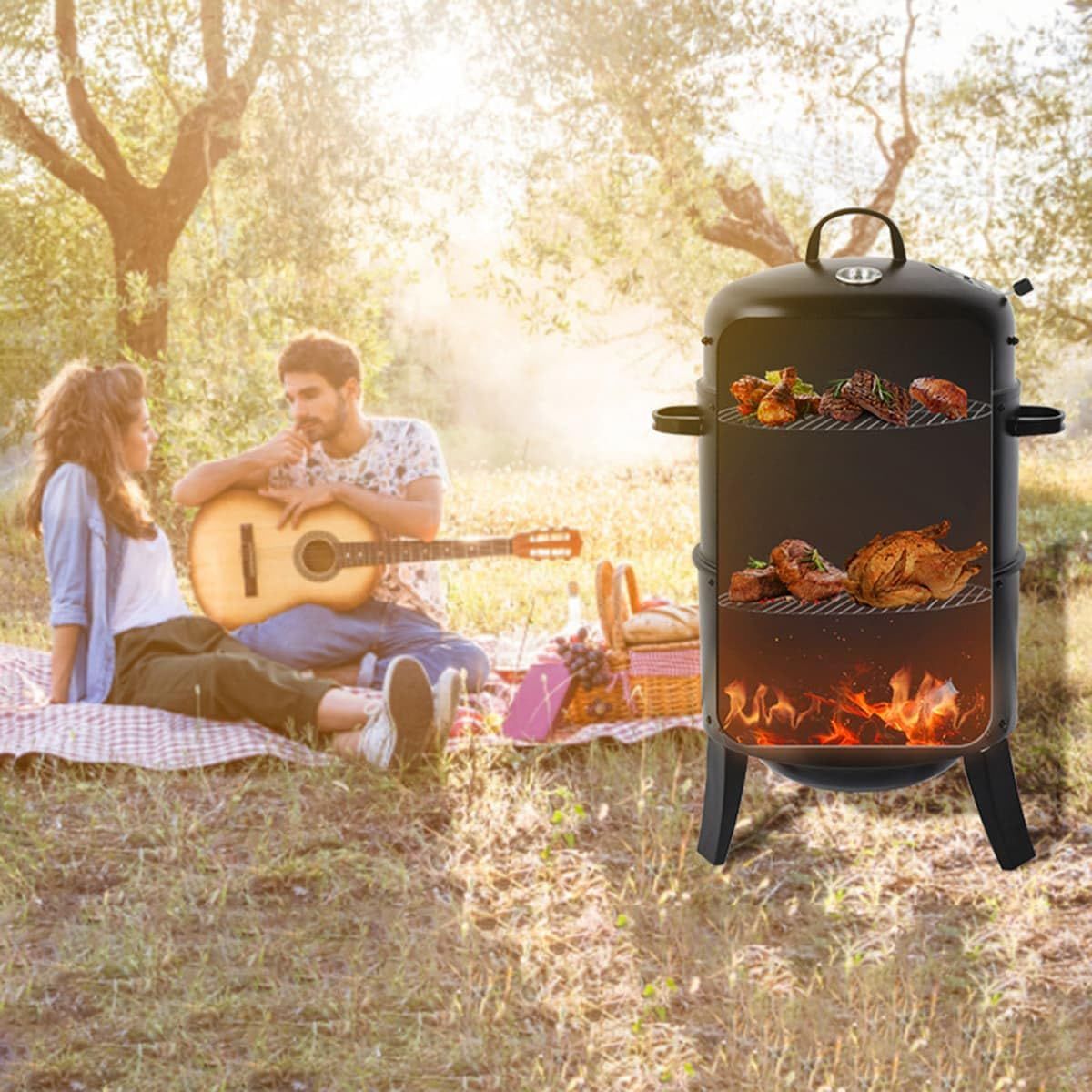 Outdoor Double-Layer Grill – Charcoal Wood-Fired Braising & Smoking Stove, Portable Grill for Camping, Outdoor Cooking, Backyard Kitchen, Patio & Garden BBQ(black)