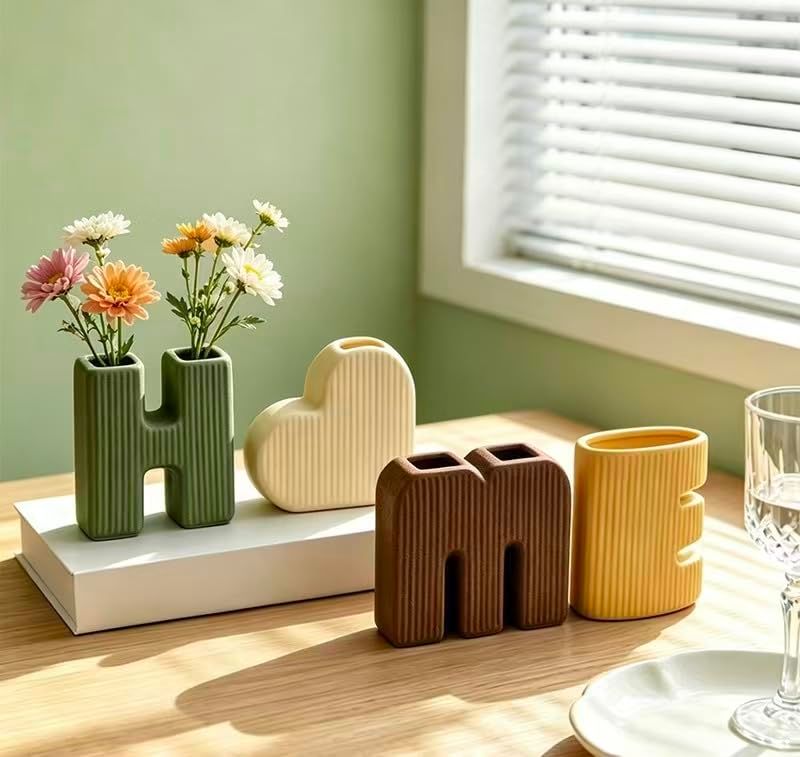 Creative Decorative Home Letter Shaped Ceramic Vase Set – Ribbed Texture, 4-Piece Set for Modern Home Decor, Living Room & Entryway(Green)