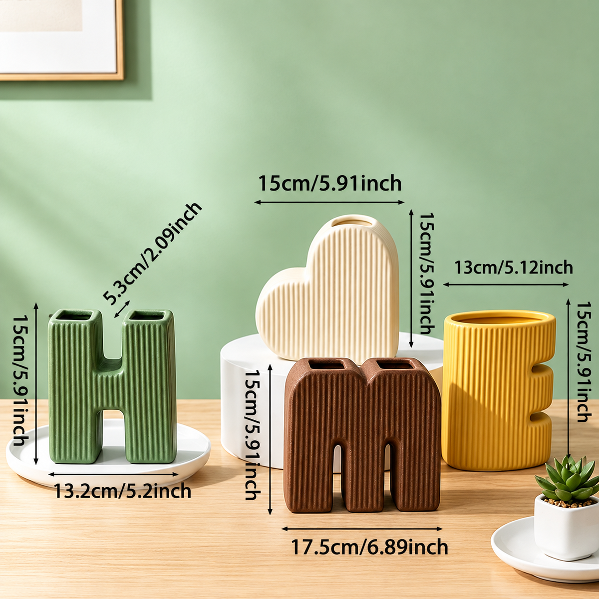 Creative Decorative Home Letter Shaped Ceramic Vase Set – Ribbed Texture, 4-Piece Set for Modern Home Decor, Living Room & Entryway(Green)