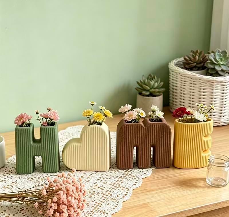 Creative Decorative Home Letter Shaped Ceramic Vase Set – Ribbed Texture, 4-Piece Set for Modern Home Decor, Living Room & Entryway(Green)