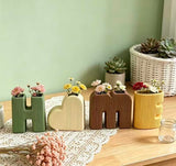 Creative Decorative Home Letter Shaped Ceramic Vase Set – Ribbed Texture, 4-Piece Set for Modern Home Decor, Living Room & Entryway(Green)