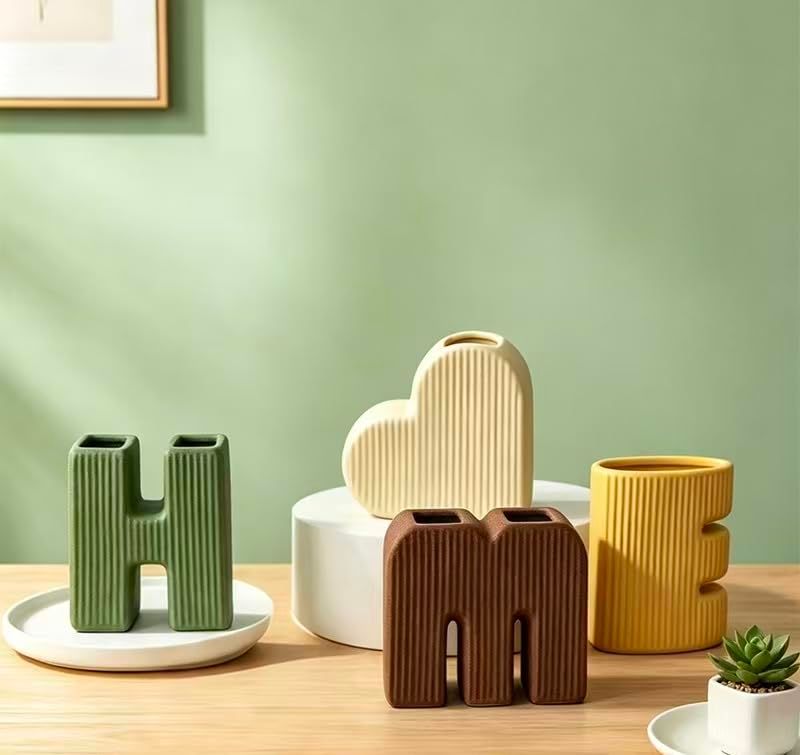 Creative Decorative Home Letter Shaped Ceramic Vase Set – Ribbed Texture, 4-Piece Set for Modern Home Decor, Living Room & Entryway(Green)