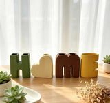 Creative Decorative Home Letter Shaped Ceramic Vase Set – Ribbed Texture, 4-Piece Set for Modern Home Decor, Living Room & Entryway(Green)