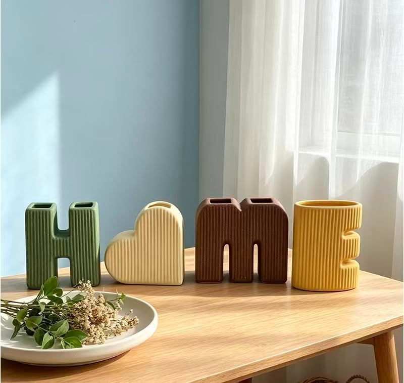 Creative Decorative Home Letter Shaped Ceramic Vase Set – Ribbed Texture, 4-Piece Set for Modern Home Decor, Living Room & Entryway(Green)