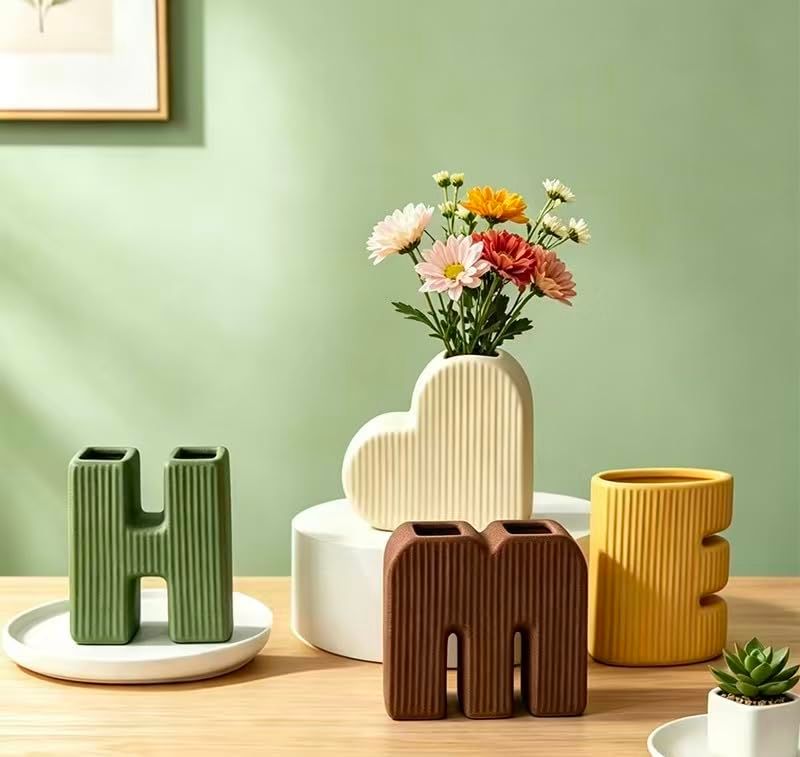 Creative Decorative Home Letter Shaped Ceramic Vase Set – Ribbed Texture, 4-Piece Set for Modern Home Decor, Living Room & Entryway(Green)