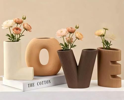 Love Vase 4-Piece Ceramic Vase Set – Stylish Floral Decorative Vases for Entryway, Table Centerpiece & Home Décor(Beige, Light Taupe, Dark Brown)