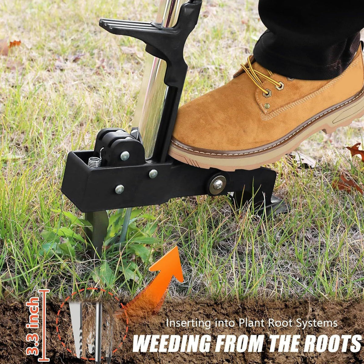 Weed Puller Tool, Gardening Stand Up Weeder Puller with 39.3" Ergonomic Long Handle and 4 Stainless Steel Claws, Heavy Duty Weed Remover Without Bending, Pulling or Kneeling(Orange)