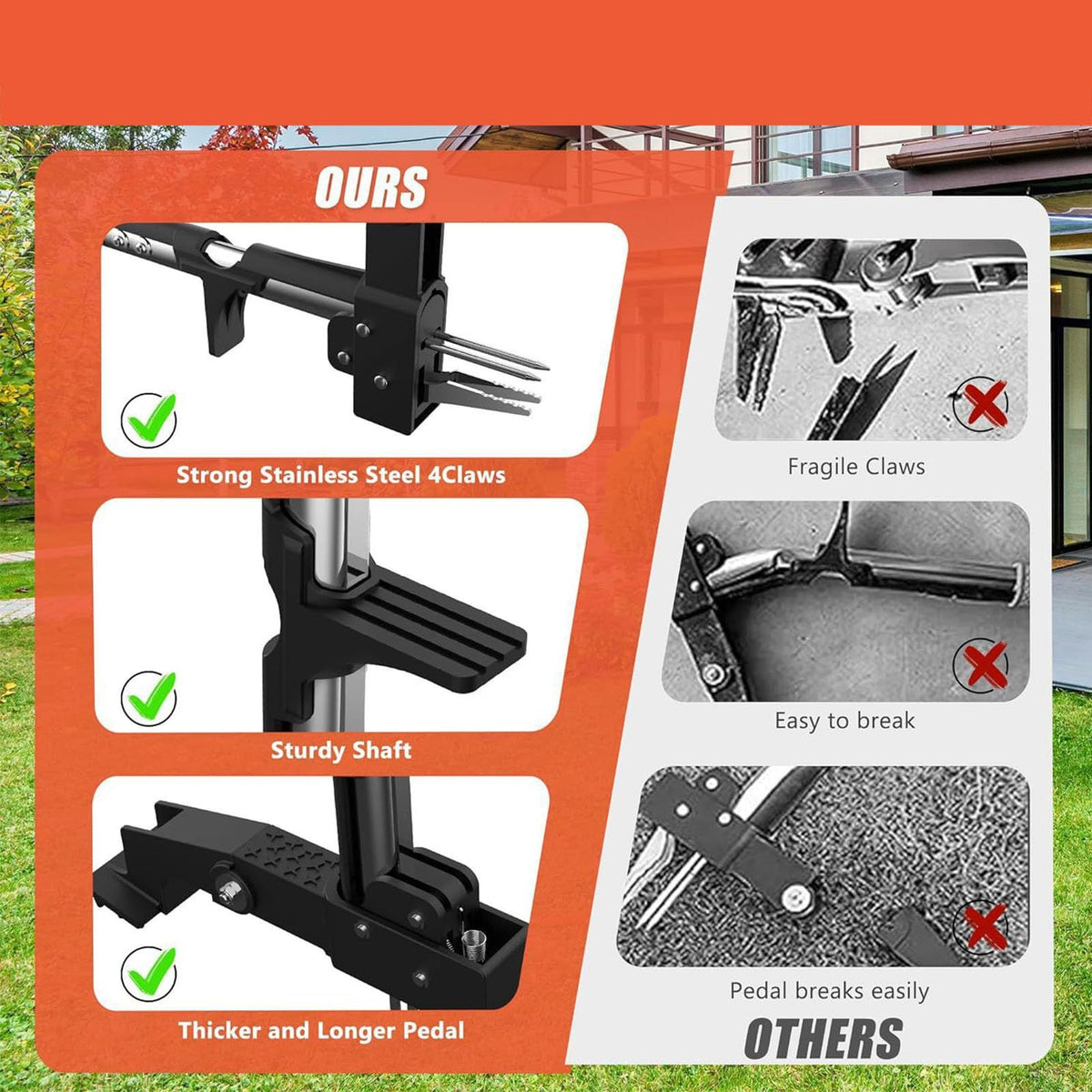Weed Puller Tool, Gardening Stand Up Weeder Puller with 39.3" Ergonomic Long Handle and 4 Stainless Steel Claws, Heavy Duty Weed Remover Without Bending, Pulling or Kneeling(Orange)