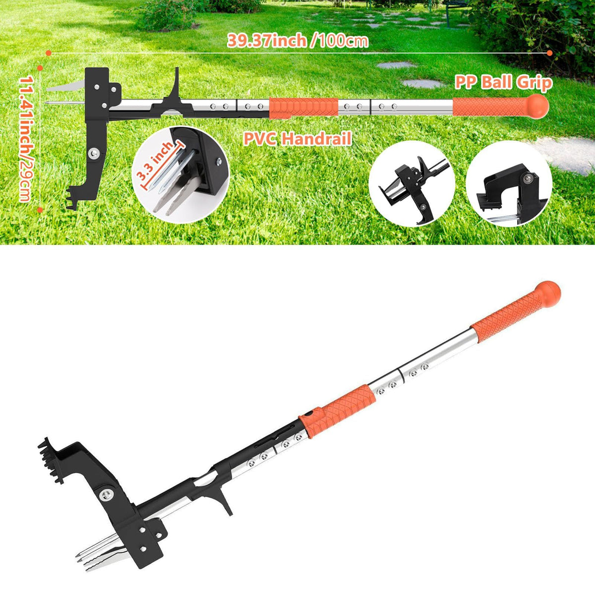 Weed Puller Tool, Gardening Stand Up Weeder Puller with 39.3" Ergonomic Long Handle and 4 Stainless Steel Claws, Heavy Duty Weed Remover Without Bending, Pulling or Kneeling(Orange)