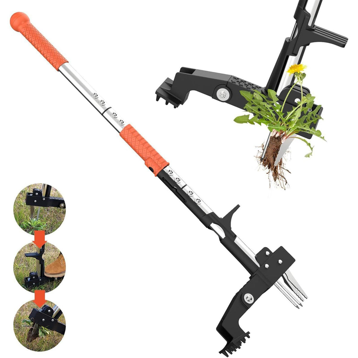 Weed Puller Tool, Gardening Stand Up Weeder Puller with 39.3" Ergonomic Long Handle and 4 Stainless Steel Claws, Heavy Duty Weed Remover Without Bending, Pulling or Kneeling(Orange)