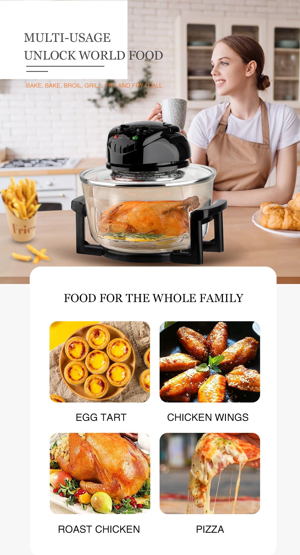 12L 8-in-1 Electric Air Fryer with 360° Panoramic Glass Bowl, 1200W Low-Fat Multi-Purpose Cooker for Roast Chicken, Pizza, and Family Meals.(black)