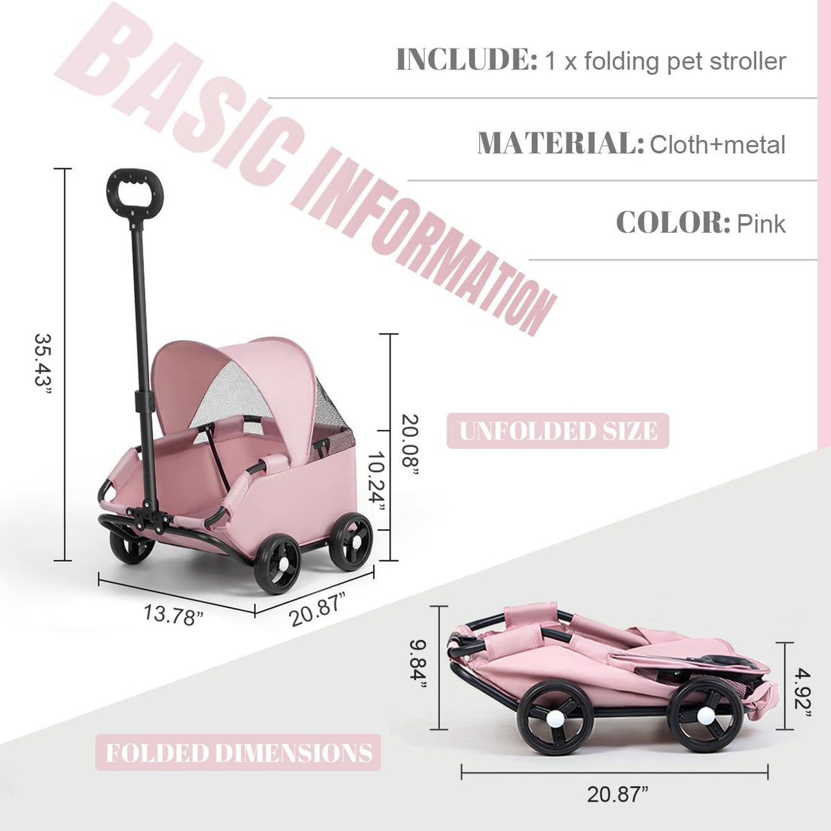 4-Wheel Dog Stroller with Sunshade Cover Collapsible Mesh Canopy Portable Pet Carrier for Outdoor Travel Shopping Walking Suitable for Small Dogs and Cats(Pink)