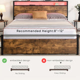 Double Bed Frame with Storage, Industrial Bed with Led Lights Headboard and 2 Drawers, Wooden Bed Frames with Charging Station, Noise Free, No Box Spring Needed, Easy Assembly, Rustic Brown