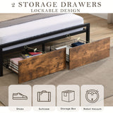 Double Bed Frame with Storage, Industrial Bed with Led Lights Headboard and 2 Drawers, Wooden Bed Frames with Charging Station, Noise Free, No Box Spring Needed, Easy Assembly, Rustic Brown