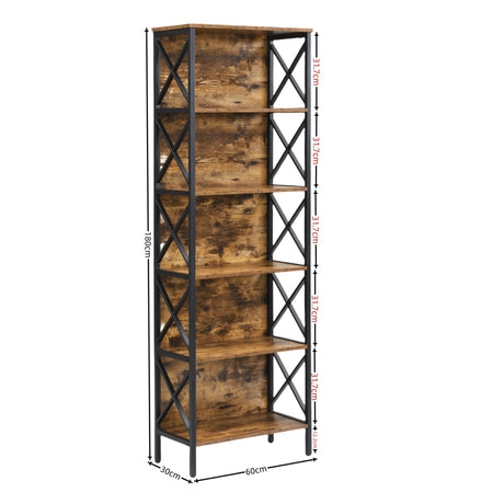 6 Tier Tall Bookshelf, Rustic Brown