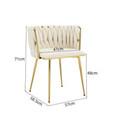 Set of 2 Velvet Upholstered Woven Dining Chairs with Golden Metal Legs, Beige