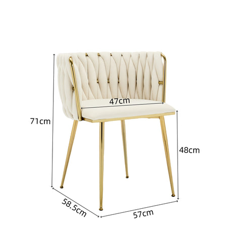 Set of 2 Velvet Upholstered Woven Dining Chairs with Golden Metal Legs, Beige