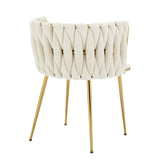 Set of 2 Velvet Upholstered Woven Dining Chairs with Golden Metal Legs, Beige