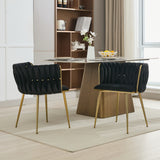 Set of 2 Velvet Upholstered Woven Dining Chairs with Golden Metal Legs, Black