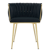 Set of 2 Velvet Upholstered Woven Dining Chairs with Golden Metal Legs, Black