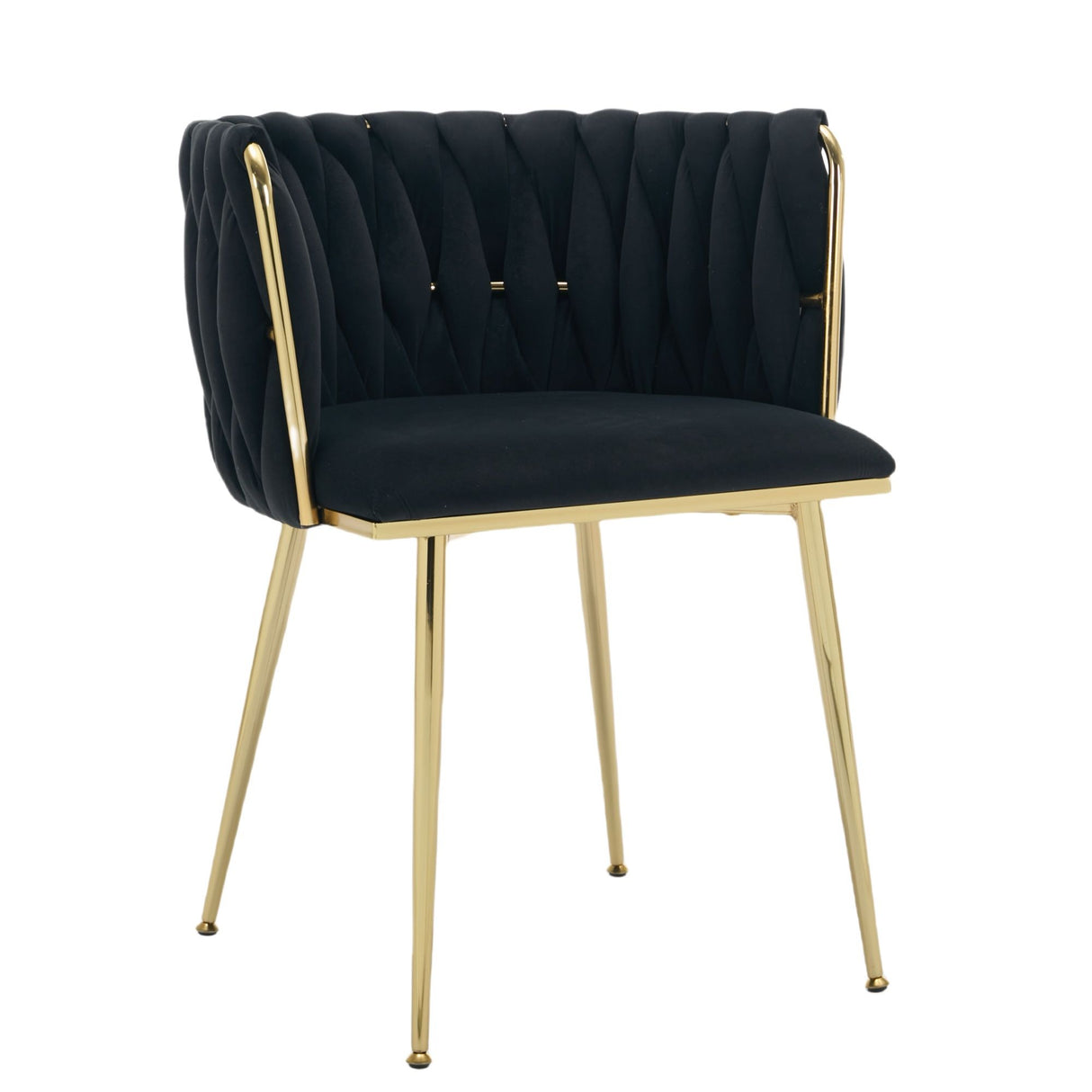 Set of 2 Velvet Upholstered Woven Dining Chairs with Golden Metal Legs, Black