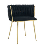 Set of 2 Velvet Upholstered Woven Dining Chairs with Golden Metal Legs, Black