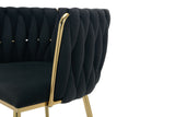 Set of 2 Velvet Upholstered Woven Dining Chairs with Golden Metal Legs, Black